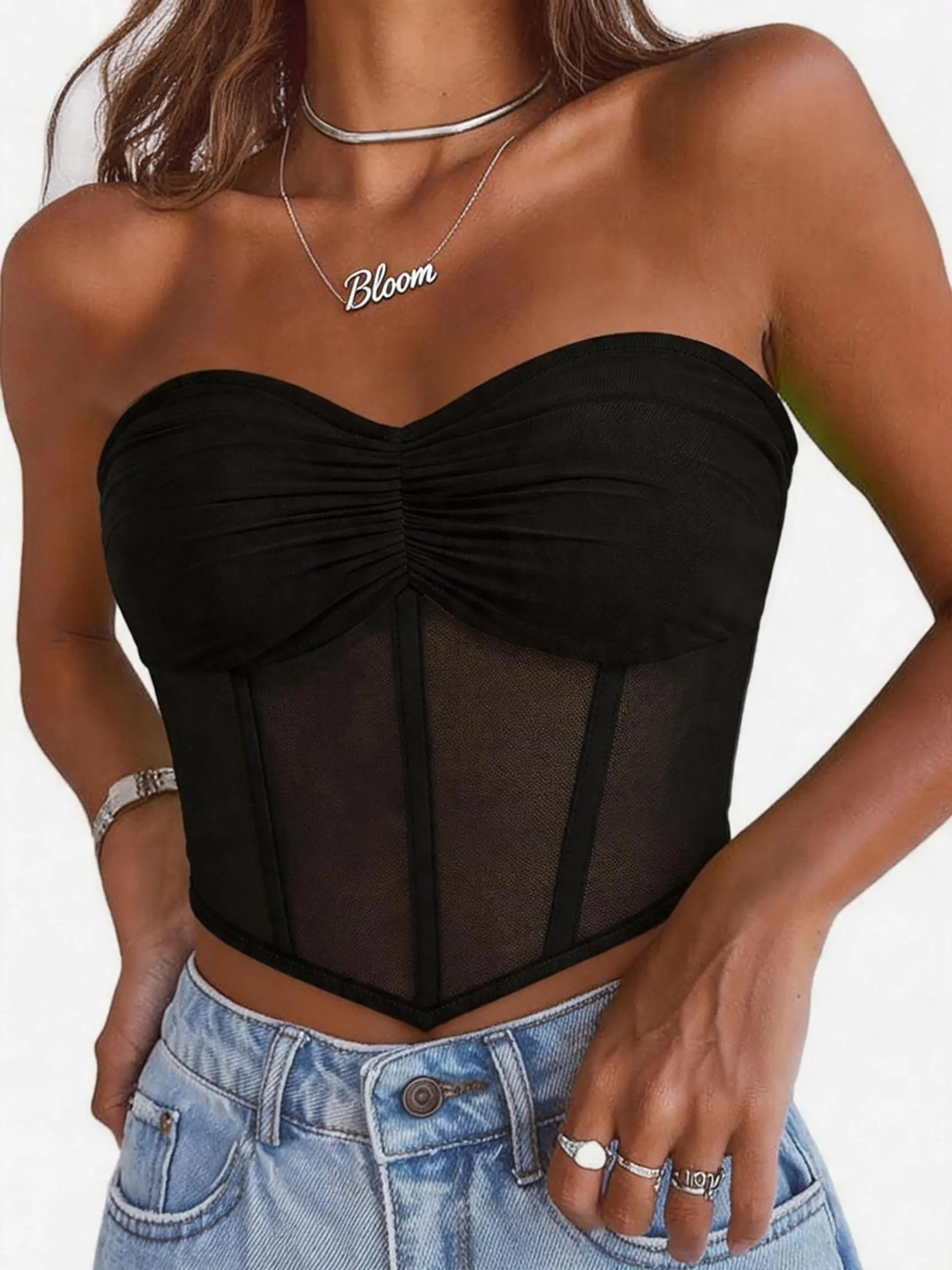 Women's Mesh Corset Tube Top Strapless Bustier, Y2K Ruched Crop Top Snatched Waist Boned Shapewear, Sexy Going Out Tops For Date Night Outfit, Push Up Sheer Summer Clothes Trendy Festival Party Clubwear, Breathable Non-Slip Womenswear Polyester Spandex