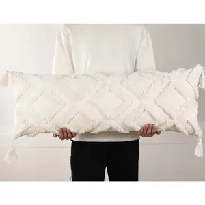 Decorative Long  Pillow Cover 14x36 Boho,Super Soft Chenille Extra Long  Pillow Case Cover with Tassel for Bed Sofa Couch Farmhouse Livingroom,White,Modern Skinny
