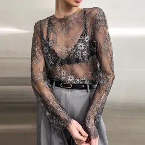 Woman's Floral Embroidered Sheer Lace Top, Long Sleeve Round Neck See Through Back Sexy Blouse, Breathable Skin-friendly Eyelash Lace Shirt, Loose Fit Size Inclusive, Multi-Color Optional, For Date Brunch Party Daily Photoshoot,