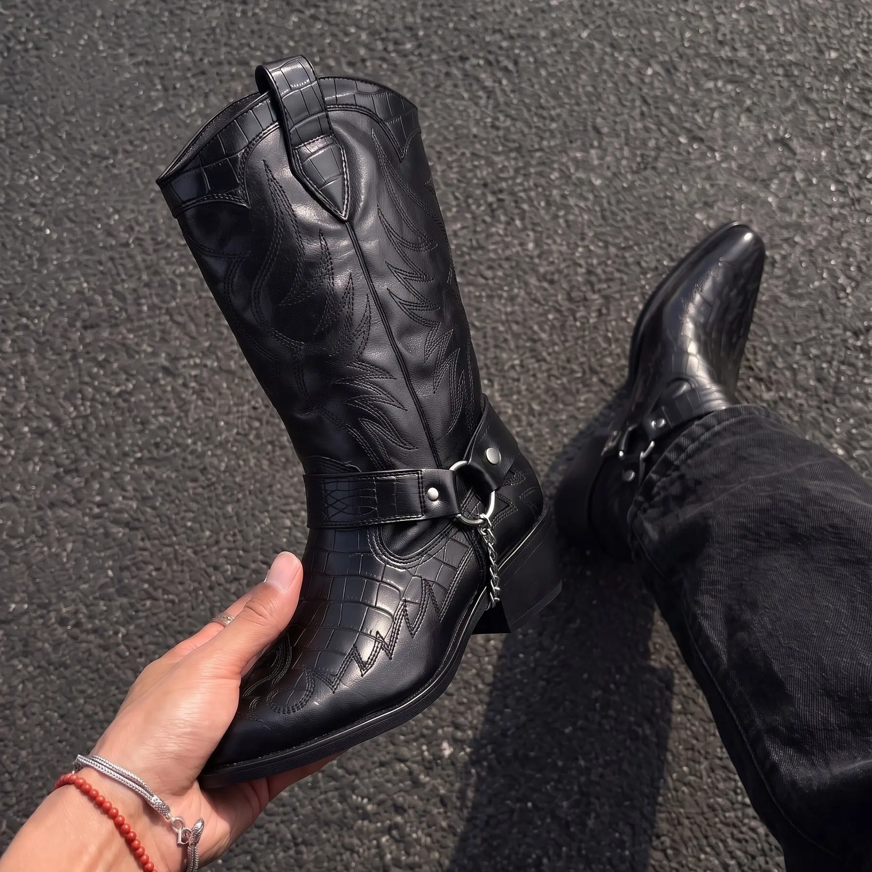 Mens Western Cowboy Boots Motorcycle Biker Croc Embossed Metal Ring Harness Chain Detail Embroidered Shaft Mid Calf Pull On Pointed Toe Chunky Heel Retro Punk Gothic Riding Footwear Casual.