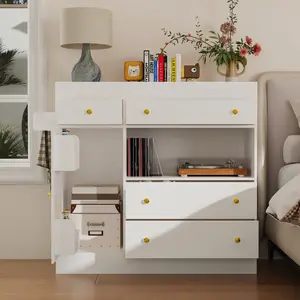 FUFU&GAGA White Dresser with 5 Drawers & Open Shelf, Modern Chest of Drawers with Gold Knobs, Side Storage Organizer for Bedroom