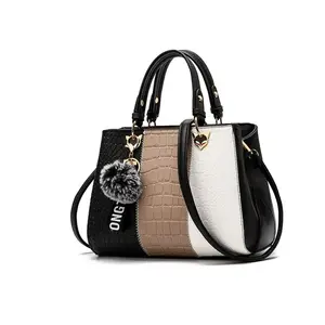 Fashion Pu Leather Patchwork Pattern Tote Bag with Pom Pom Charm, Elegant Crocodile Pattern Shoulder Bag for Women, Casual All-match Commuter Bag