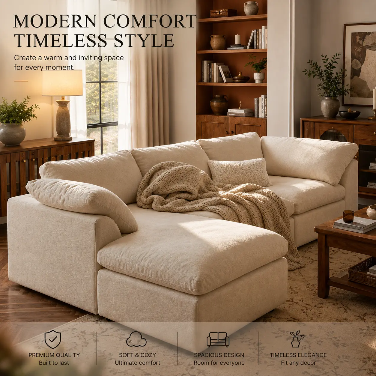 108in L-Shape Modular Boneless Sectional Sofa with Ottoman, No-Assembly Compressed Cloud Couch, Cloud-Like Comfort, Flexible Contemporary Living Room Apartment Furniture