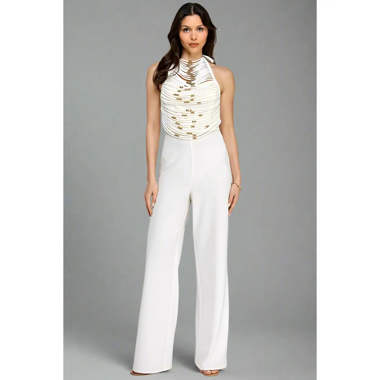 Halter Neck Jumpsuit With Self Cord String And Gold Ball Trim Detail