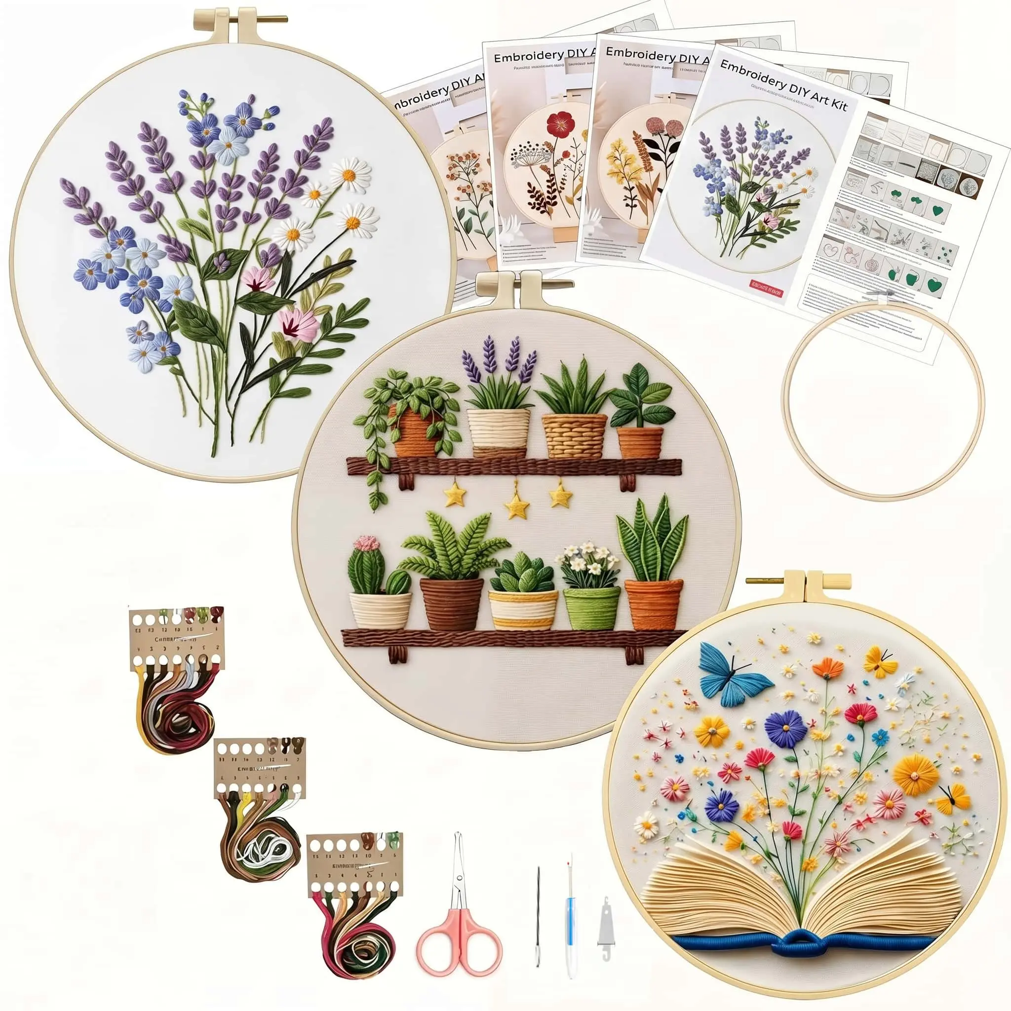 Flower Embroidery Kit for Beginners with Pattern and Instructions,  Cross Stitch Kits, 1 Wooden Embroidery Hoops,Threads and Needles,Needlepoint Kit for Adults-MM