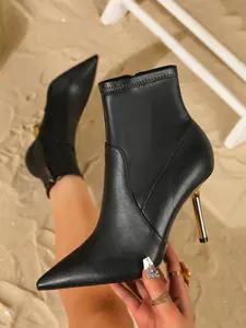 Women's Fashion Elegant Formal Pointed Toe Stiletto High Heels, PU Leather Ankle Boots with Side Zipper, All Season Sexy Style