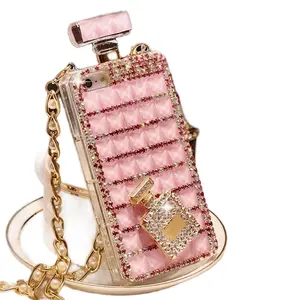 Luxury Bling Diamond Crystal Perfume Bottle Mobile Phone Case with Gold Shoulder Strap iPhone 13, 14 Pro Max, 15 Pro Max Cellphone Accessories Smartphone