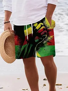 Men's Casual Beach Shorts with Drawstring Waist, Reggae Style Random Print Swim Trunks for Summer Vacation