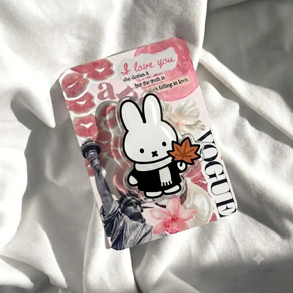 Cozy Fall Bunny Phone Grip, White Rabbit Holding an Orange Maple Leaf, Cute Black and White Phone Accessory, Autumn Gift for Girls, Teens and Bunny Lovers