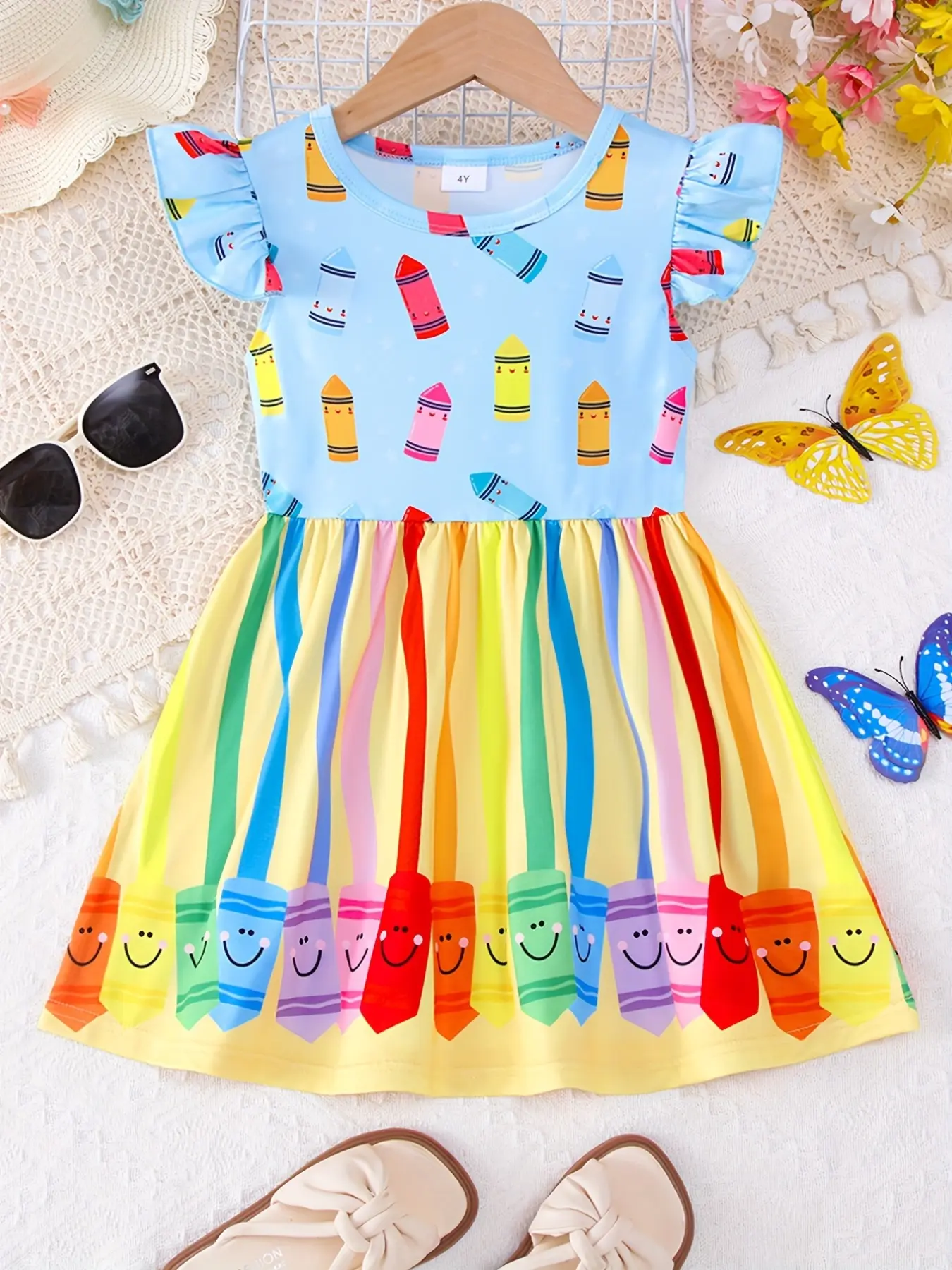 Girls' Back to School Dress, Cute Crayon Print, Colorful Summer Dress, Short Sleeve, Lightweight Fabric, Perfect for Daily Wear, Comfortable & Stylish Design, A-Line Dresses