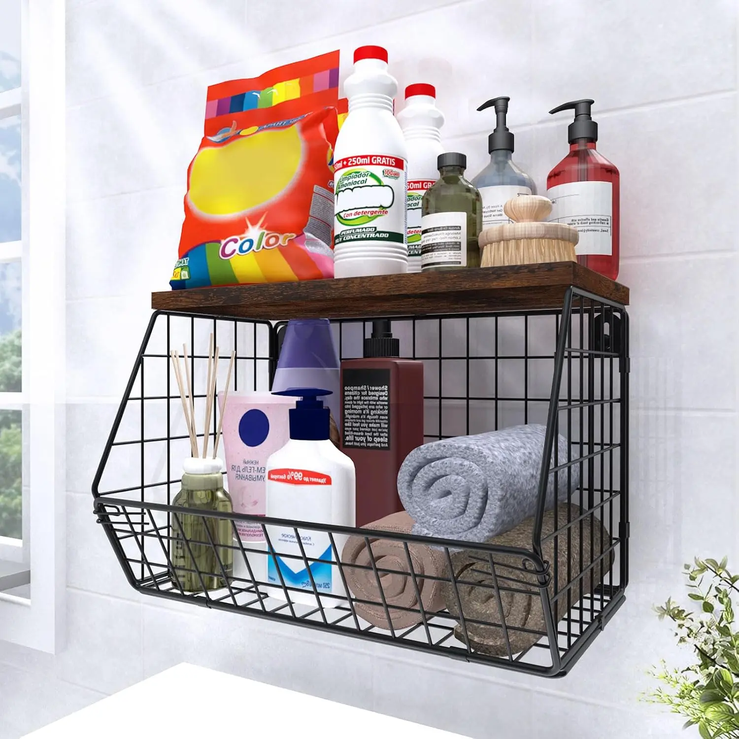 Wall Mount Modern Laundry Room Wire Shelves with Storage Basket - Stackable Organizer for Towels, Detergent - Space-Saving Over Washer & Dryer, Small Spaces (11.8"Wx7.9"Dx8.5"H)