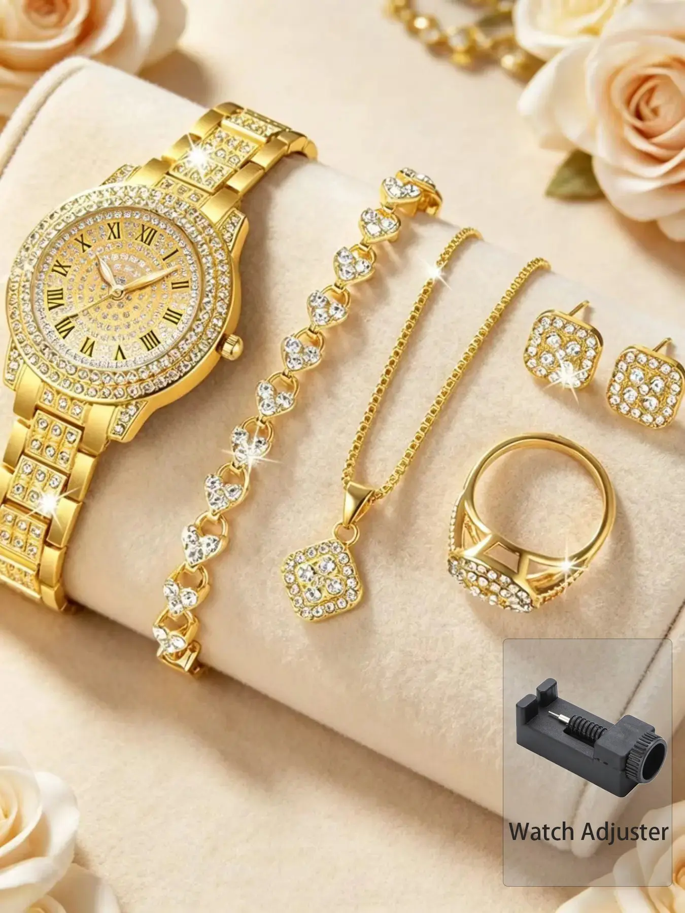 6pcs Luxury & Elegant Women's Quartz Trendy Fashion Watch Set, Gold Plated Matching Jewelry Set Inlaid With Diamonds (Including Watch, Bracelet, Necklace, Earrings And Ring)