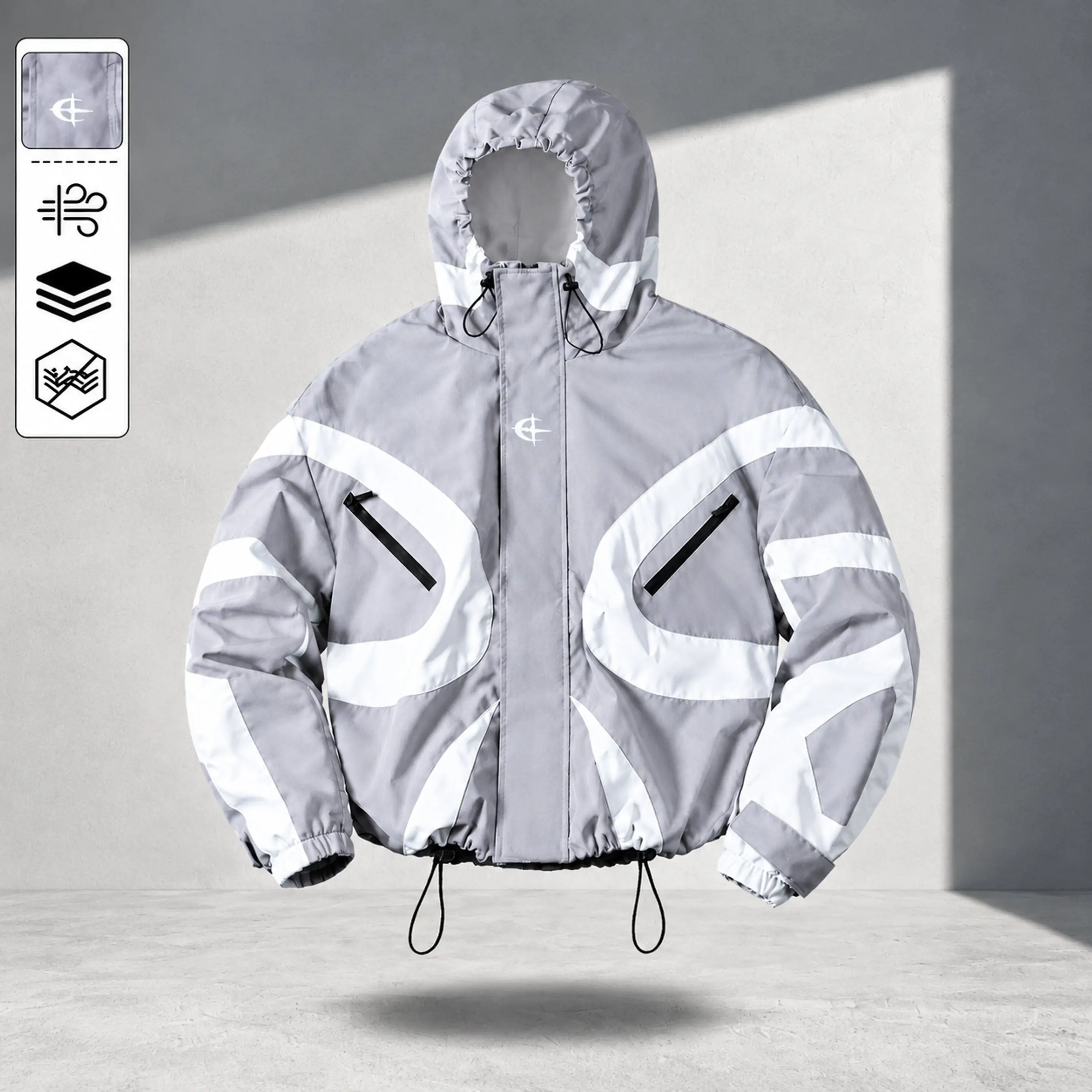 Menswear Stylish Futuristic Techwear Windbreaker Coat, Grey & White Aesthetic Men's Top with Pockets for Spring