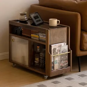 Wayshome Solid Wood Side Table with Wheels, Narrow Side Table with Storage, Rolling Bedside Table for Bedroom Living Room Dining Room 27.95" D x 11.42" W x 19.88" H