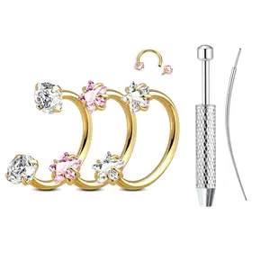 Surgical Steel Heart Gem Nose Hoop - Body-Safe Dainty Gemstone Hoop Piercing Jewelry, 20G(0.8mm)/18G(1.0mm) 8mm Internally Threaded Horseshoe, Free Ball Holder, Silver/Gold for Nose Piercing, Labret Lip