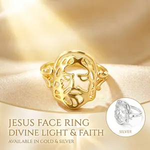 OLDT Divine Jesus Contour Ring, 14K Gold Plated God's Love Christian Band, Religious Fellowship Gift & Spiritual Jewelry (Sizes 6-9)