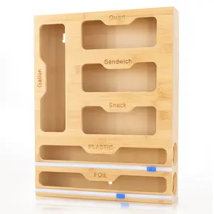 Bamboo Plastic Bag Organizer for Kitchen Drawer, Resealable Bag & Foil Wrap Holder, 6 In 1 Plastic Wrap Organizer, 16.5" x 13" x 3.3", Eco-Friendly Kitchen Cabinet Organizer