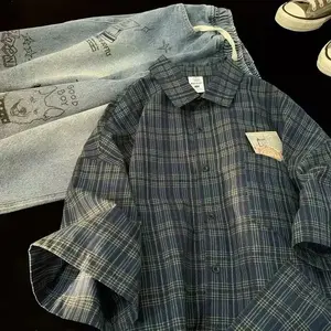 Japanese Vintage Plaid Short Sleeve Shirt Men's Streetwear Loose Fit High-end Feel Casual Stylish Versatile Half Sleeve Jacket