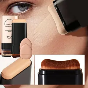 Dual-Ended Concealer Foundation Stick, Cosmetic, Matte Natural Finish, Waterproof Sweatproof Long-Lasting, Includes Brush & 2 Sponges, Covers Dark Circles, Longwearing Waterproof Makeup