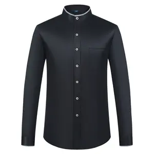 Men's Contrast Binding Banded Collar Dress Shirts with Pocket Long Sleeve Chinese-style Mandarin Collar Versatile Shirt Solid Shirt For Business Activities