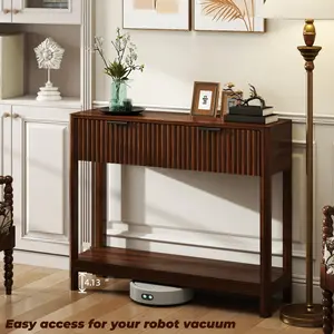 Mid-Century Modern Fluted Console Table with 2 Drawers & Open Shelf, Walnut Finish Narrow Entryway Table, Small Spaces, Easy AssemblySlim Sofa Table for Hallway, Living Room,Console Table with Drawers