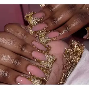 Gold Rhinestones French Tips Press On Nails With 3D Butterfly Decor