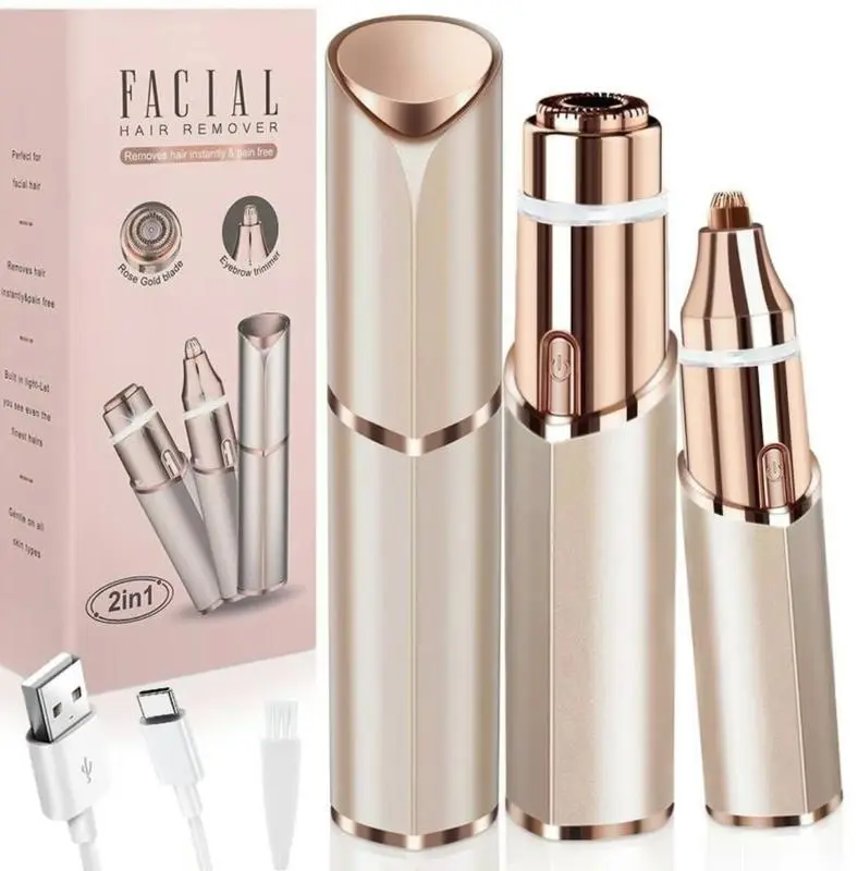 Eyebrow-Facial Hair Remover Women: Portable 2 in 1 Electric Shaver and Facial Trimmer - Rechargeable Eyebrow Lips Body Facial Razor Comfort