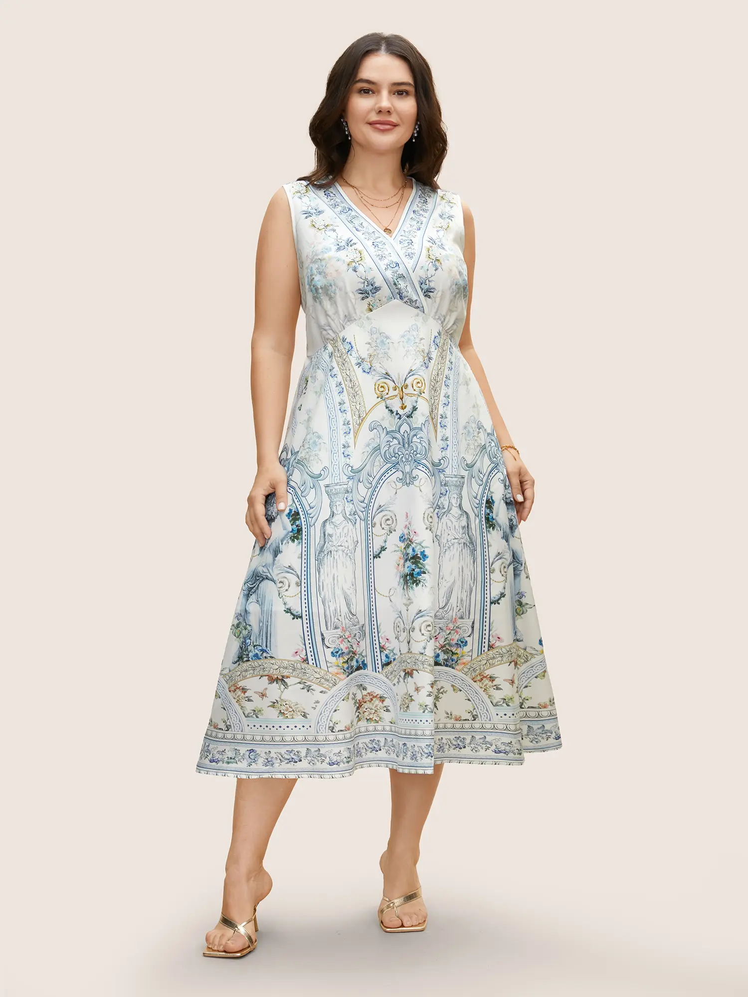 BloomChic Women's Floral V-Neck Sleeveless Boho Midi Dress - Spandex Blend Fabric, Gathered, Pockets, Low Iron, Cold Wash, Wash With Like Colors, Summer Casual Resort Wear, Regular Length, Ready to Wear, Original White