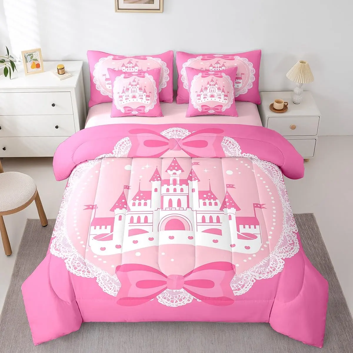 Girls Princess Comforter Set with Sheets 7 Pieces Cartoon Castle Pink Bownot Bedding Set Dreamy Fairy Tale Bed in a Bag Room Decor