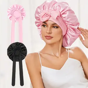 2-Pack Haircare Satin Sleep Bonnet Set (Black + Pink) – Large Smooth Silk Hair Cap with Adjustable Elastic Tie Band, Factory Price