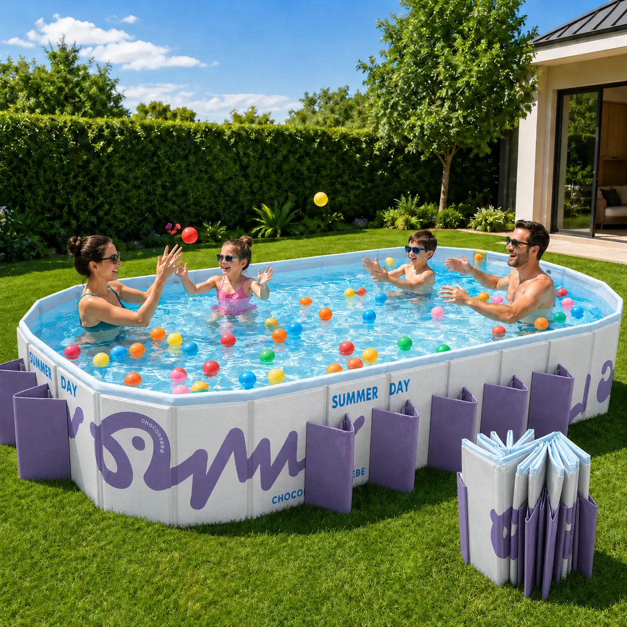 Mandla 122” x 65” x 19.7” Foldable Swimming Pool, Non-Inflatable Large Family Pool for Kids & Adults, Portable Hard Side Above Ground Pool with Drain Valve for Backyard Summer Fun