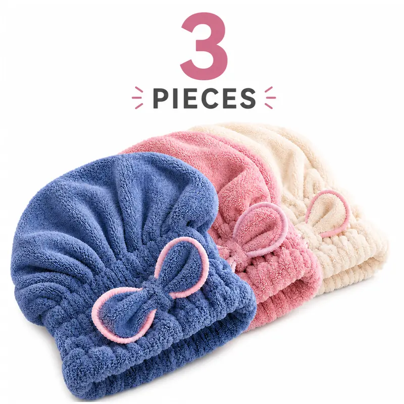 Microfiber Hair Turban for Women, 3-Piece Plain Super Absorbent Towel Wrap, Fast Drying, Extra Soft & Lightweight for Nighttime Use