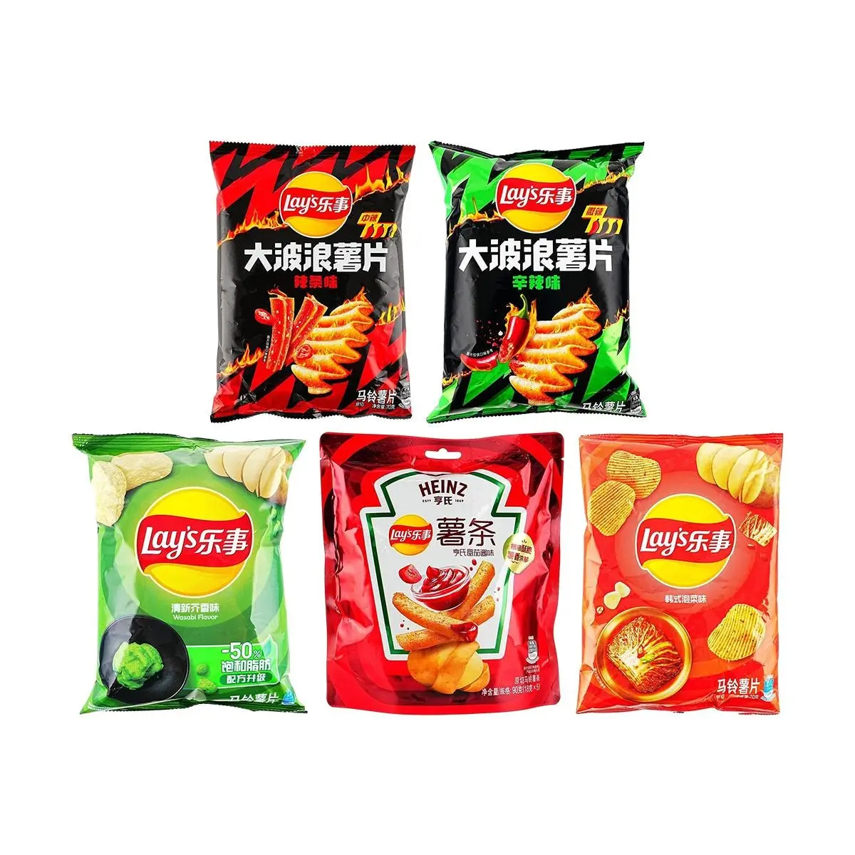 Lay's Crunchy Potato Chips Variety Pack - Korean Kimchi, Latiao, Tomato, Wasabi, Spicy Mix Flavors (5 Bags, 370g) - Authentic Chinese Edition Ambient Room Temp Snacks for Movie Night