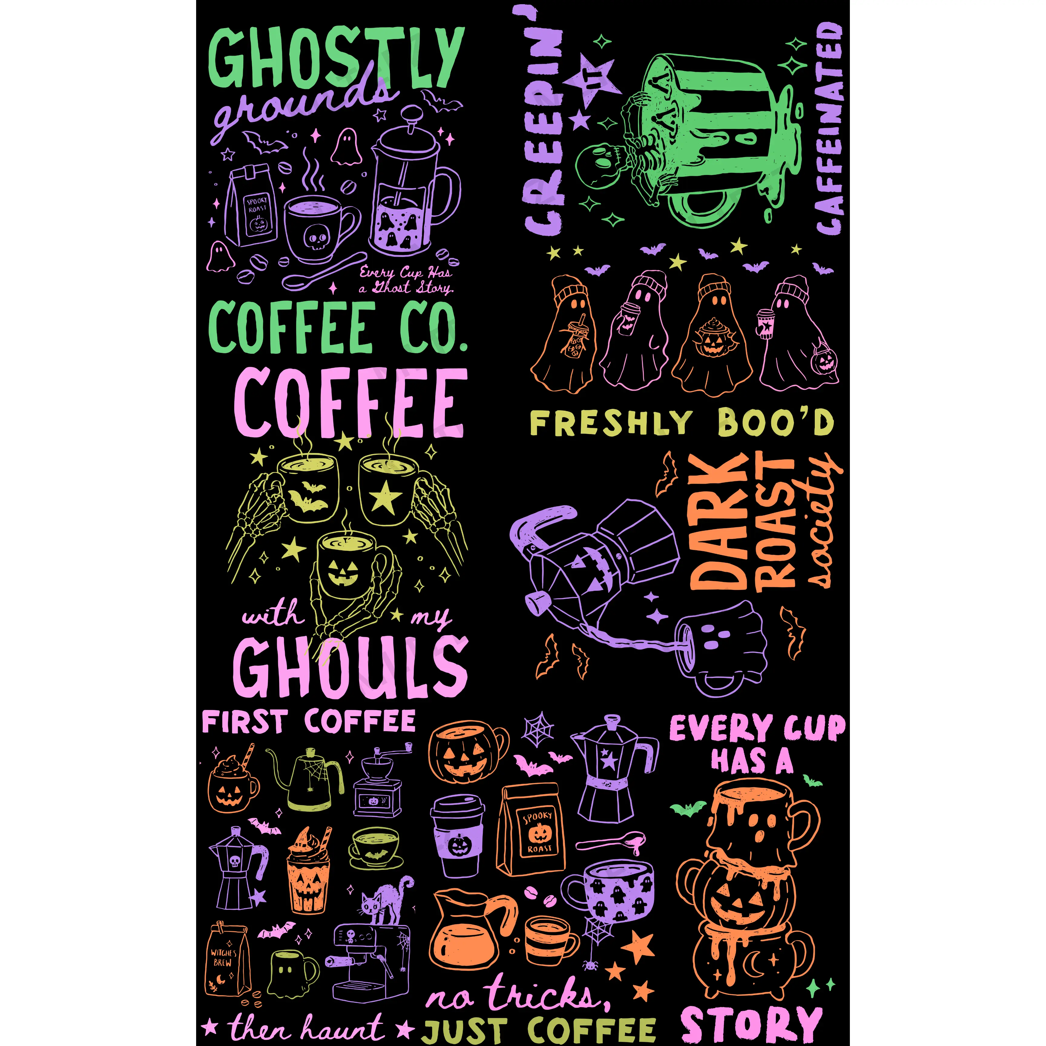 GHOSTLY GROUNDS (1) PREMADE GANGSHEET - 22X36 DTF TRANSFERS - DIRECT TO FILM