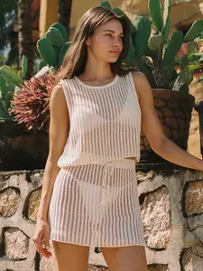 Women's Knitted Sweater Set, Hollow Out Design, Pure Color Transparent Ribbed Drawstring Sleeveless Top & Short Skirt, Perfect for Vacation Beach Outdoor Parties