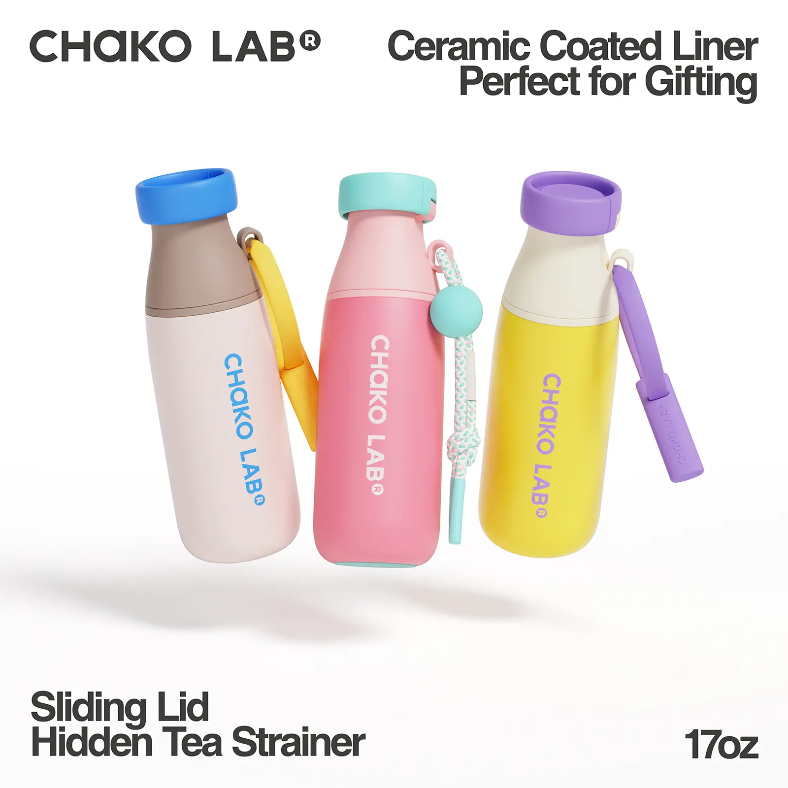 CHaKO LAB MilkMate Bottle 17oz Ceramic Coated Travel Mug with Hidden Tea Strainer & Sliding Lid - Double Wall Insulated Tea Tumbler for Hot and Cold Drinks, BPA-Free Leakproof Coffee Cup with Rubber Base