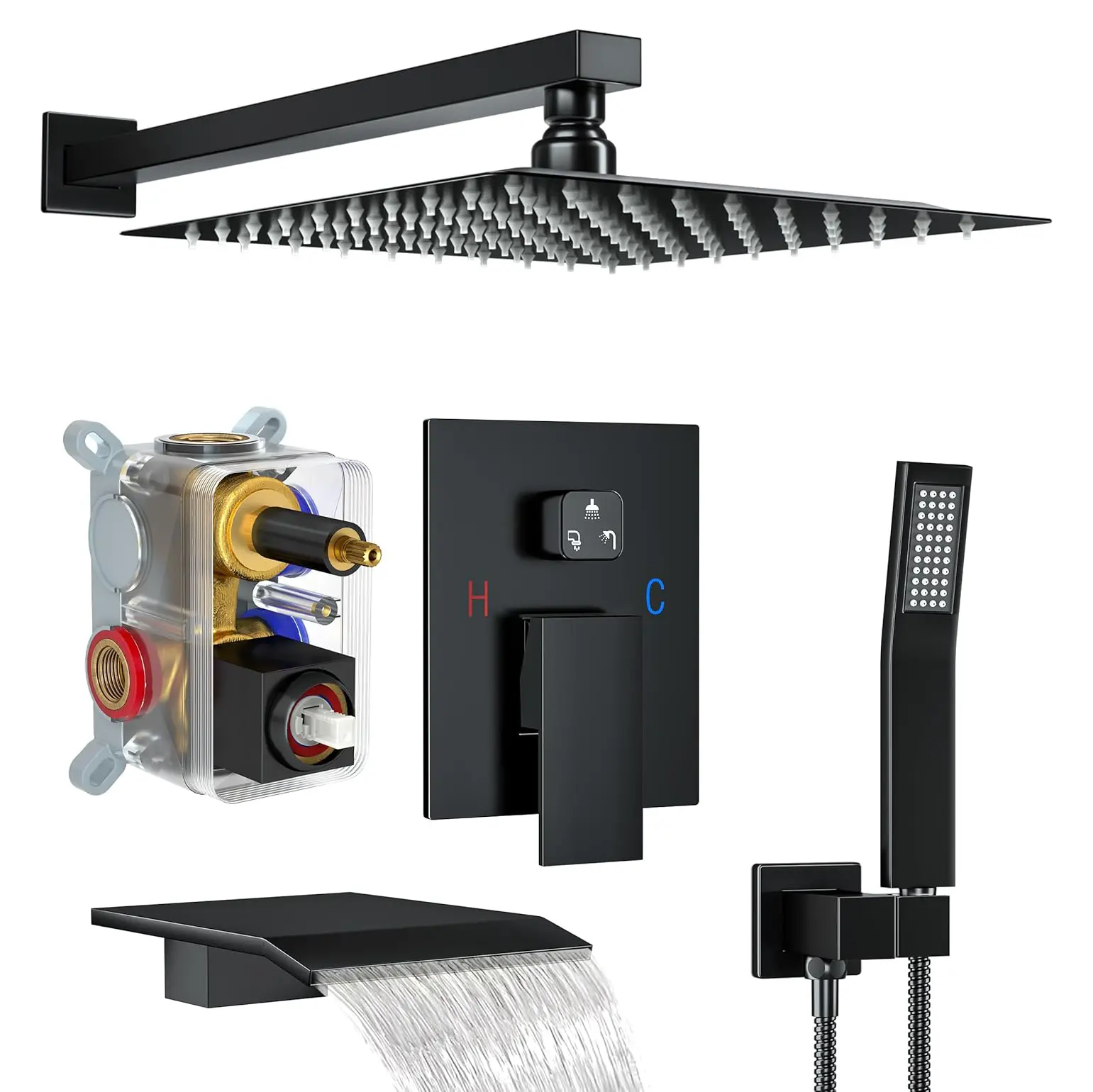 Shower System with Tub Spout, 12-Inch High-Pressure Rain Showerhead and Handheld Combo, Matte Black Shower Faucet Set with Rough-in Valve and Trim, Wall Mounted 3-Way Shower Set