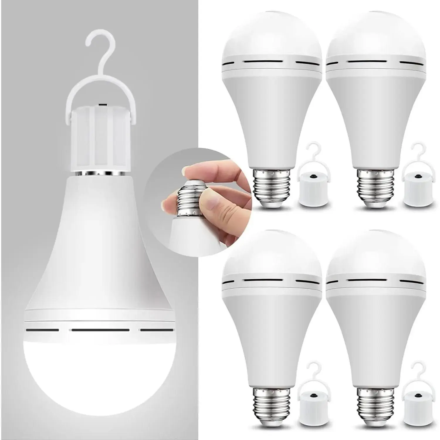 Rechargeable Emergency LED Light Bulb with clip Hook, 1200mAh Battery Backup, 60W Equivalent Daylight Self-Charging Bulb for Power Outages, Home, Camping, Hurricanes & Daily Use