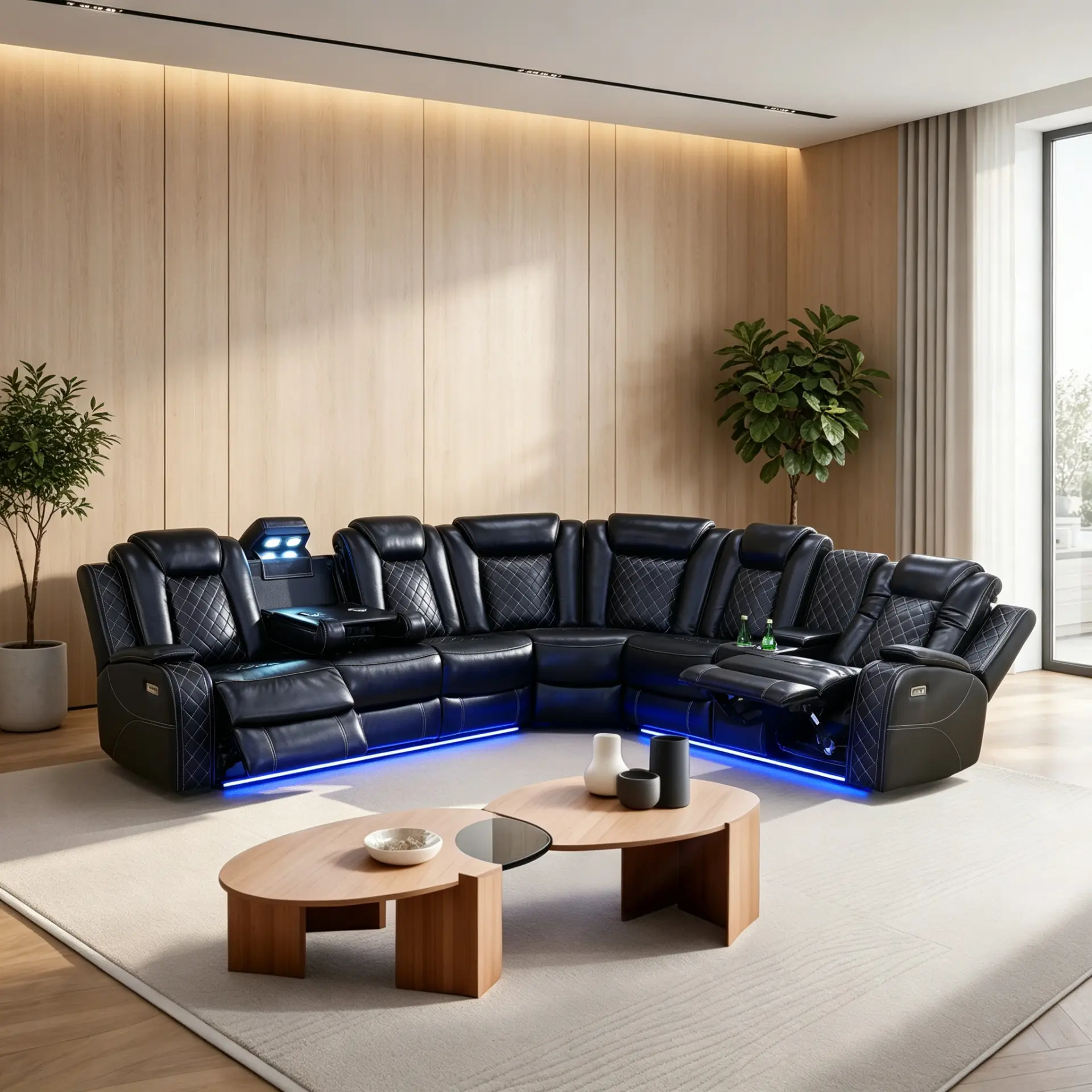 Luxury 3-Piece Curved Black Leather Power Recliner Sofa Set, Breathable Indoor Living Room Furniture with Electric Recline, Blue LED Base Lighting, Built-in Cup Holders, Center Storage Console & Adjustable Footrest