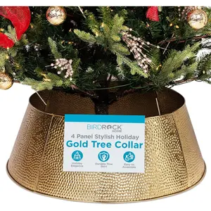 4-Panel Hammered Metal Christmas Tree Collar - Stylish Holiday Tree Skirt Alternative - Durable Iron Construction Base Cover - Protects Tree Base from Pets - Easy Assembly - Gold