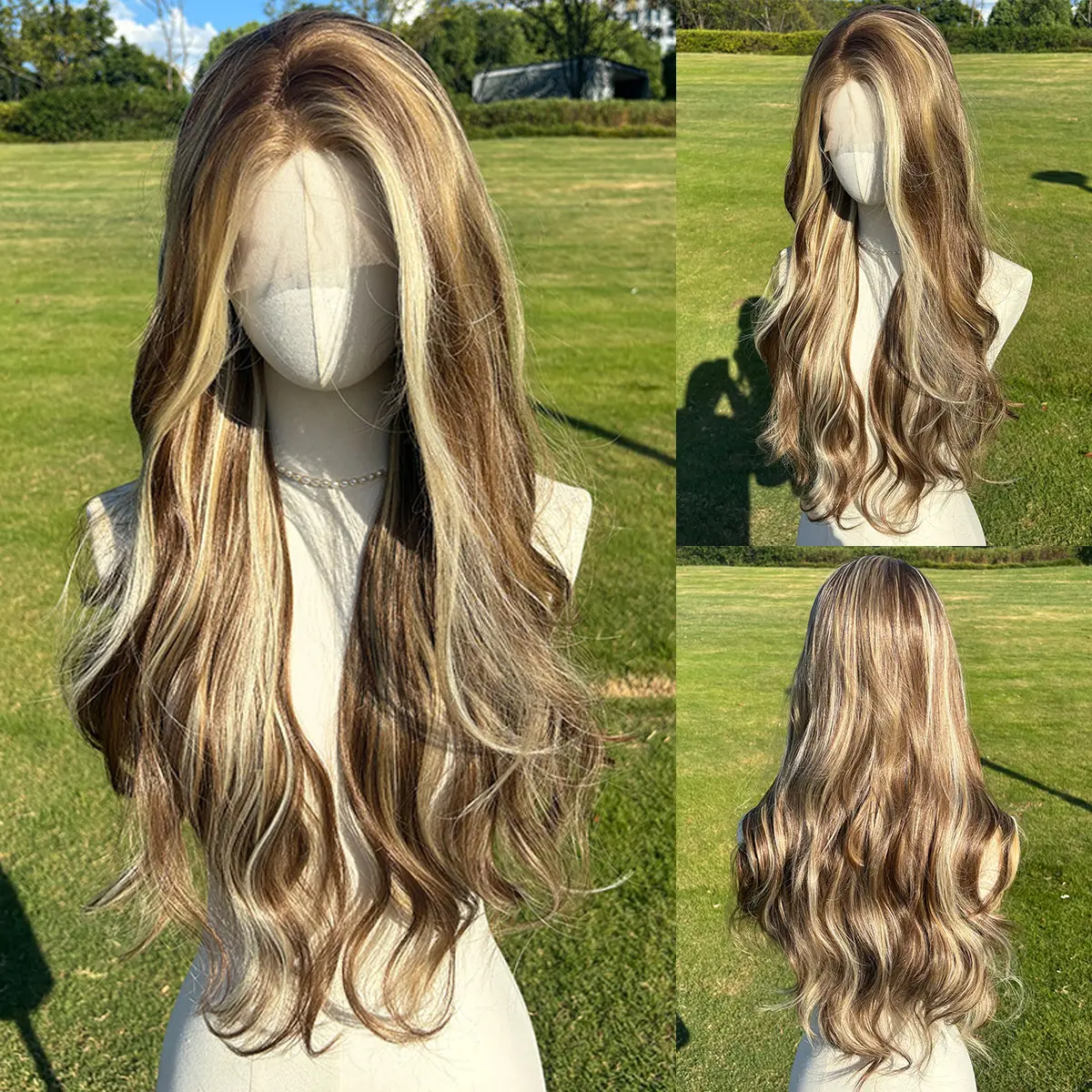 SMILCO/Brown White Highlight | 26-inch | Curly Long Middle Part | Lace Front Wigs | SM9205
