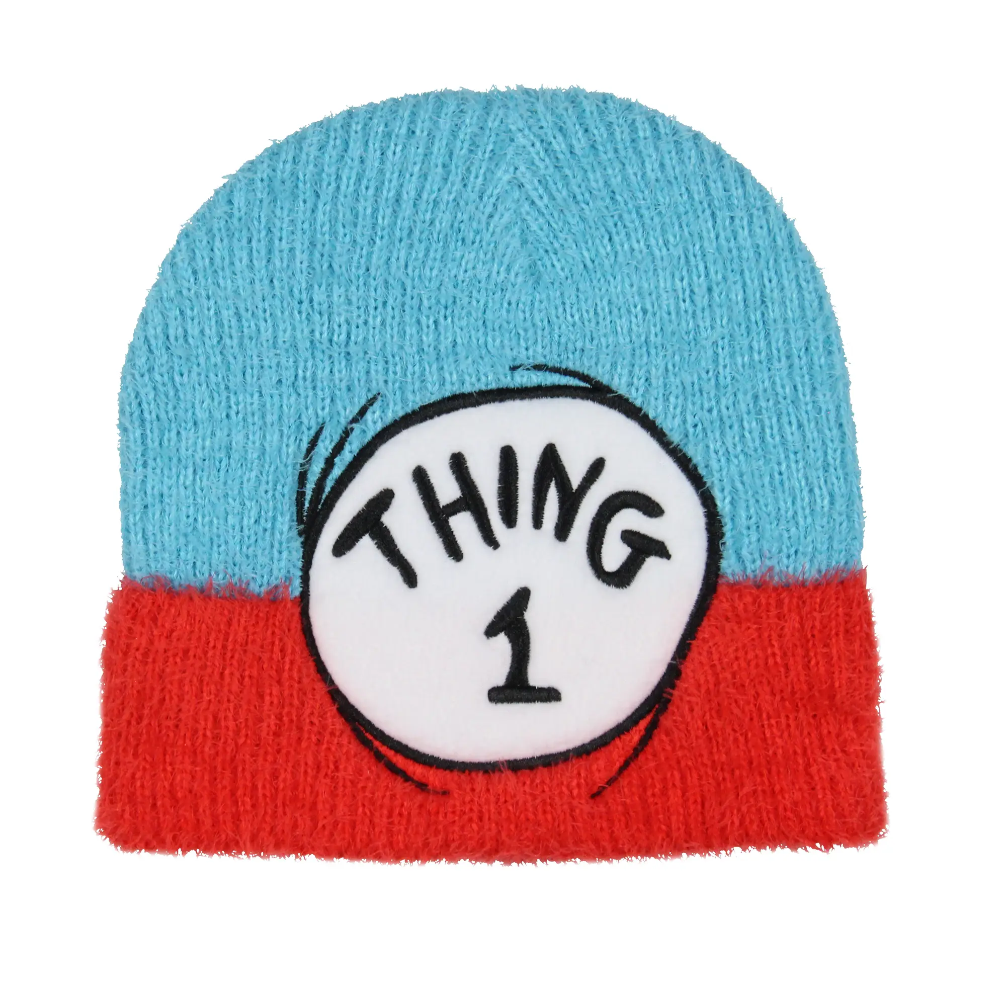 Dr. Seuss The Cat In The Hat Thing 1 and Thing 2 Embroidered Patches Adult Cuffed Fuzzy Yarn Beanie