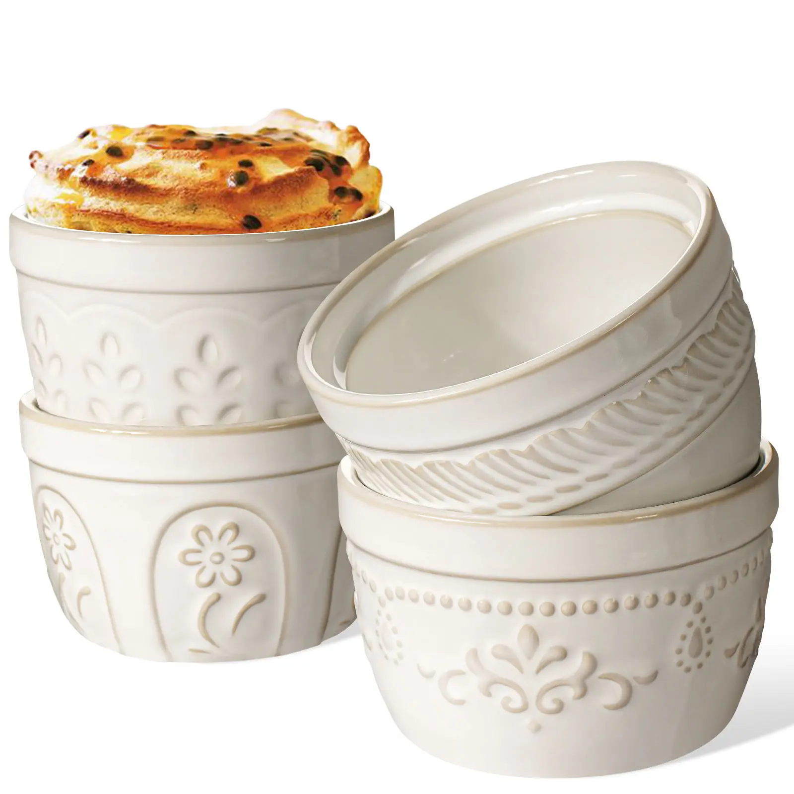 Artena 4-Piece Oven-Safe Embossed White Ceramic Round Ramekins & Souffle Dishes, Thermal Serving Bowls for Creme Brulee, Kitchenware Bakeware Tableware