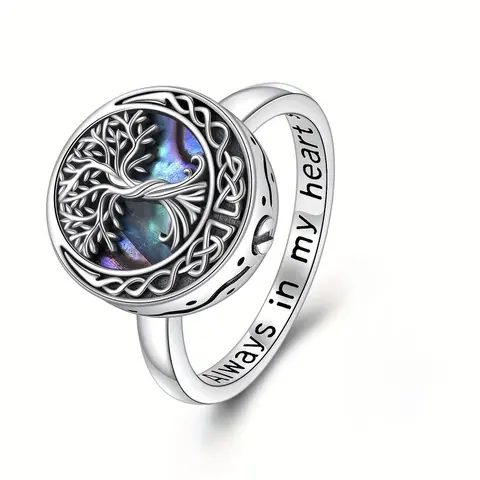Unisex Tree of Life Cremation Ring - Celtic Knot Costume Jewelry with Shell Accent, Metal Coating, Stackable Solitaire Ring, Genealogy Souvenir Keepsake, Meaningful Gift Accessory (Unisex Jewelry)