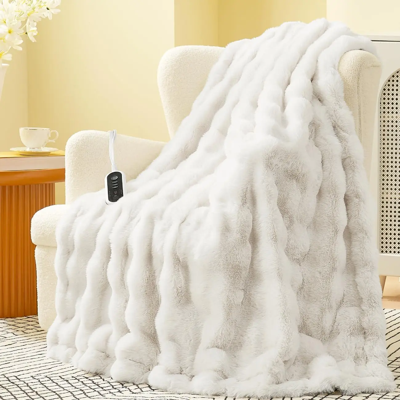 Heated Bubble Faux Fur Blanket Electric - 50"x60" Heating Blanket Throw 2/4/6/8 Hours Auto-Off 8 Heat Level Over-Heat Protection Electric ETL Certification
