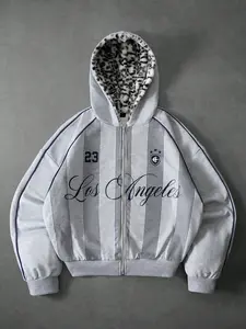 Men's Street Style Menswear Hooded Long Sleeve Sweatshirt, Vintage Trendy Knitted Open Front, Fleece Leopard Print, Casual Sportswear, Fall Winter Fashion