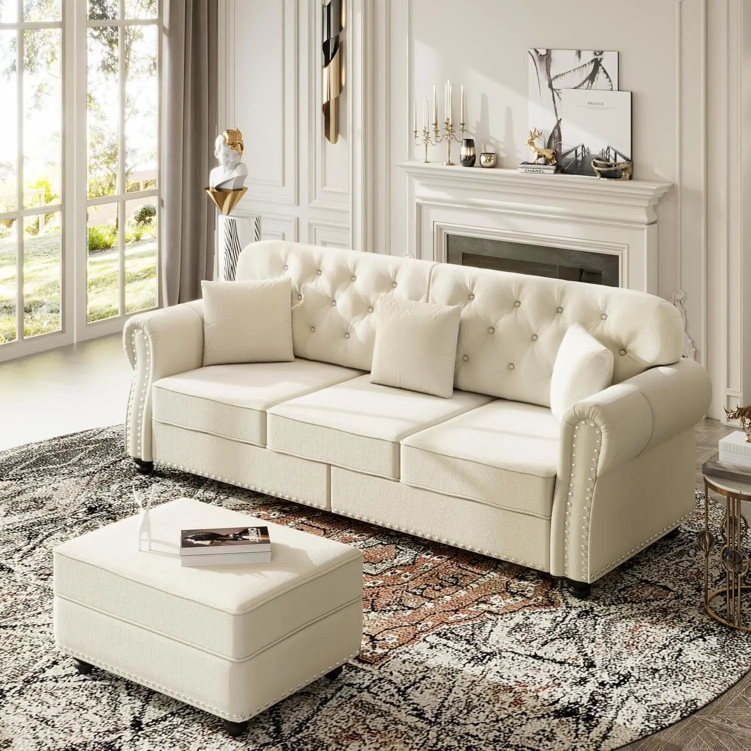 Mid-Century Modern Chesterfield 3-Seater Velvet Upholstered Sofa with Button Tufting, Nailhead Trim, Rolled Armrests, 3 Pillows and 1 Ottoman (Beige)