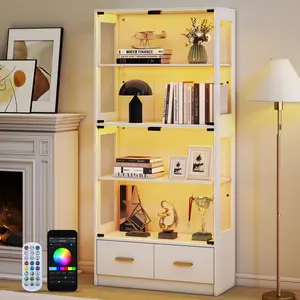 【Mother's Day Gift】67" Glass Door Display Cabinet with RGB LED Lights, 4-Tier Curio Cabinet with 2 Drawers for Collectibles, Living Room & Office