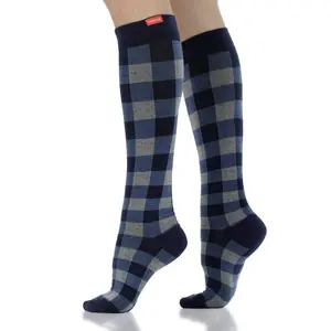 VIM & VIGR Montana Plaid Knee-High Compression Socks (Cotton) for Men & Women Running, Travel & Daily Wear