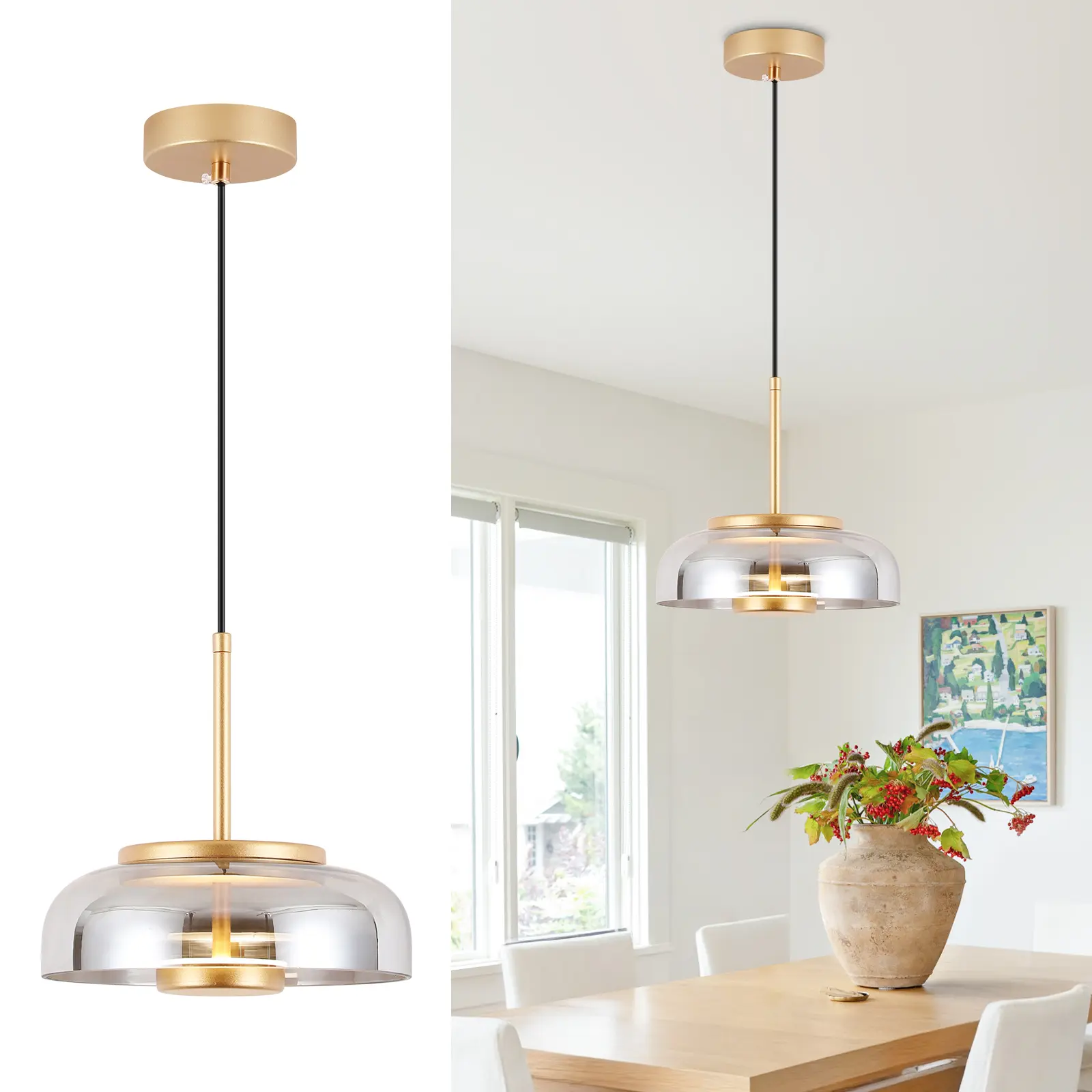Modern Brushed Golden LED Pendant Light with Smoke Gray Glass Shade - Nordic Minimalist Ceiling Chandelier, 10W Power, for Kitchen Island, Indoor Use, Led Ceiling